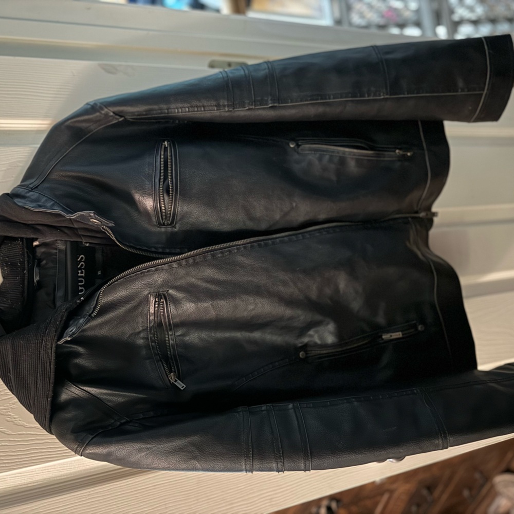 Guess men’s XL leather jacket with lined hood